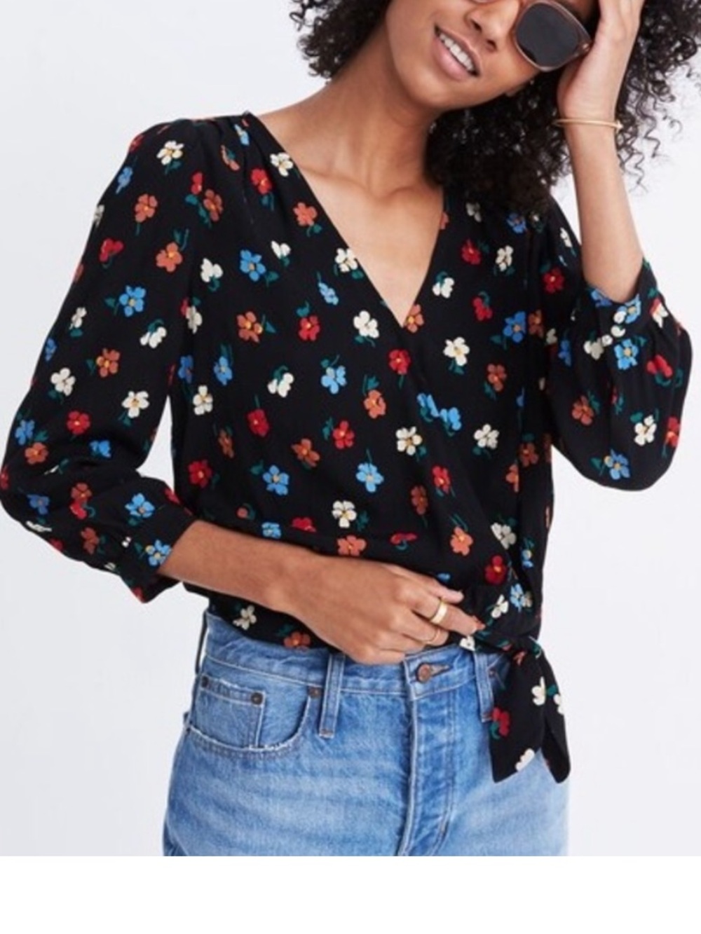 Madewell Black Floral 3/4 sleeve Tie-Side V-Neck wrap blouse top XXS